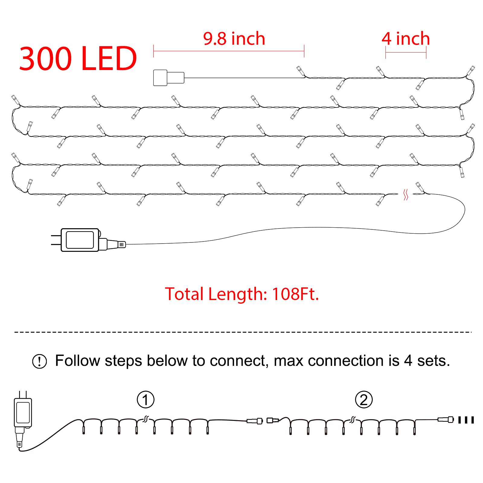 108 Feet / 300 LED / Warm White and Multicolor/ Green Wire