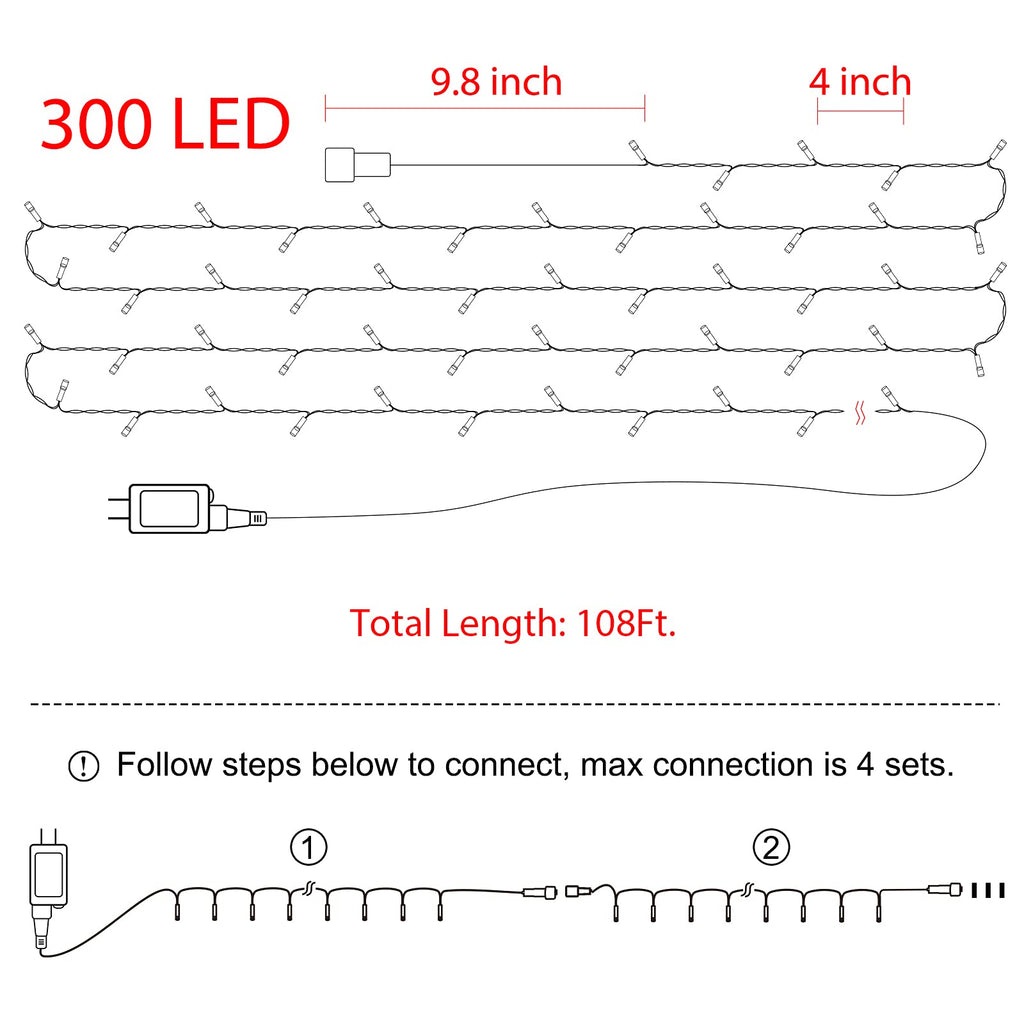 108 Feet / 300 LED / Warm White and Multicolor/ Green Wire