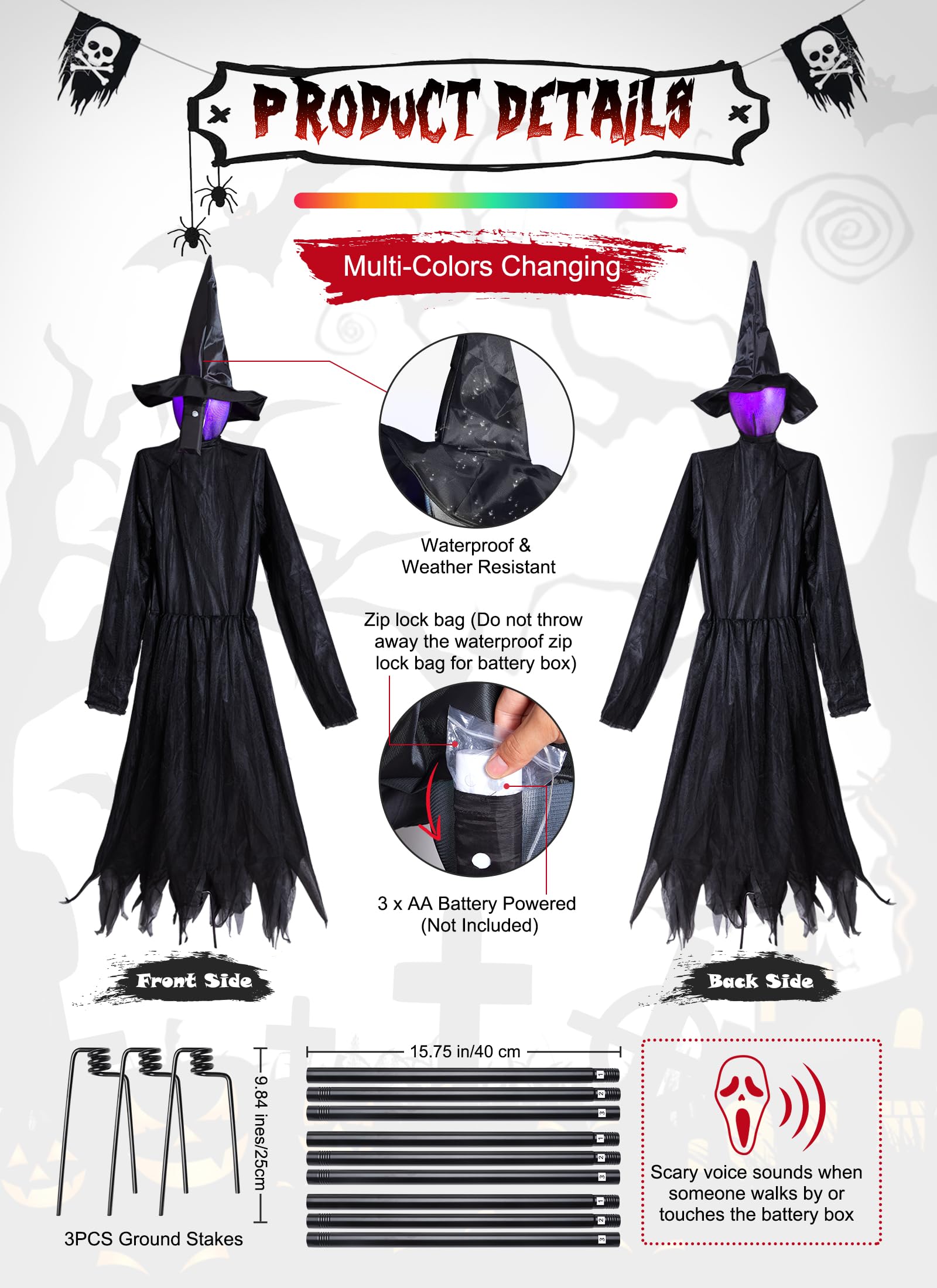 Halloween Battery Operated LED Witches with Stakes & Scary Screaming, 3PC
