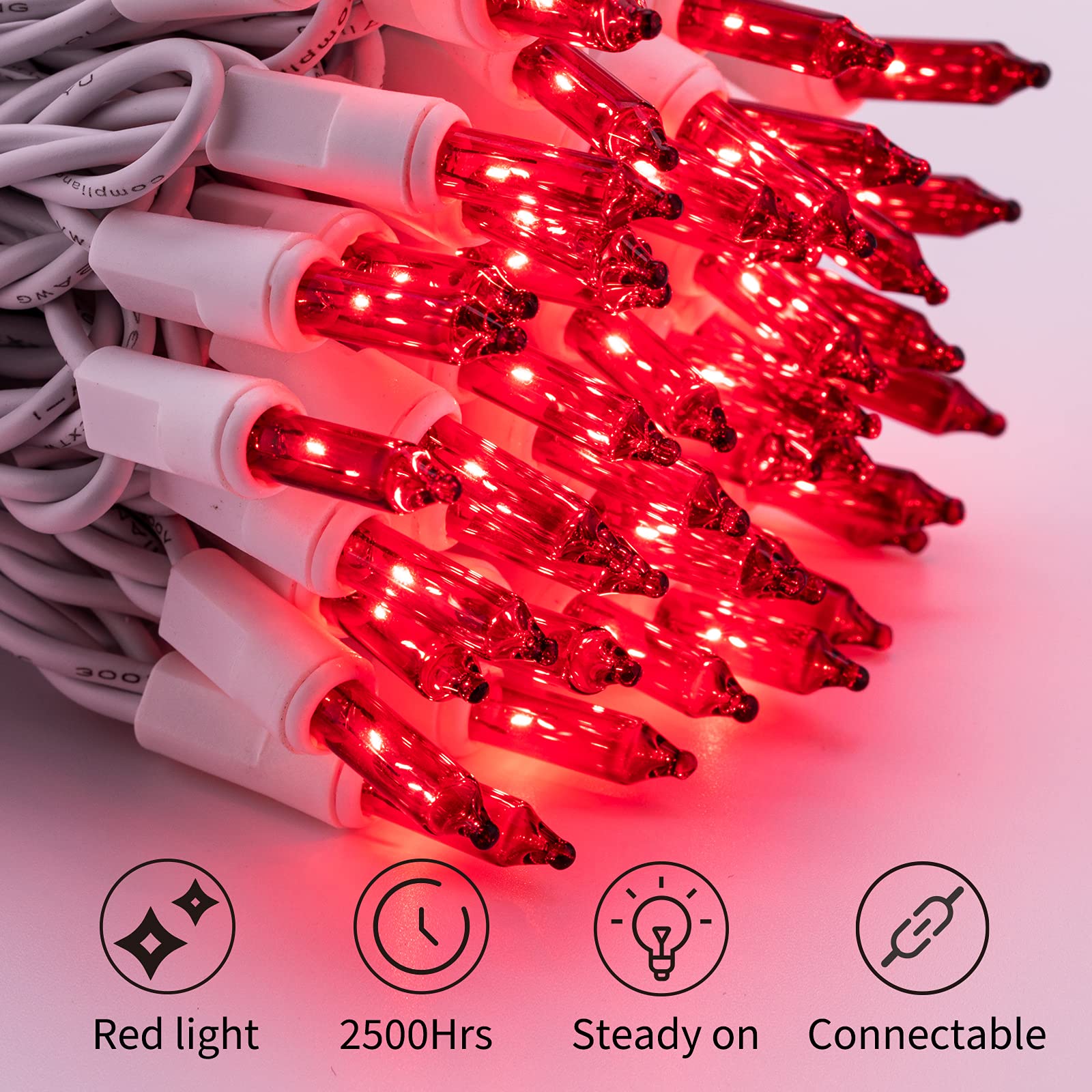 1 x 25 Feet / 100 Bulbs / Red / White Wire