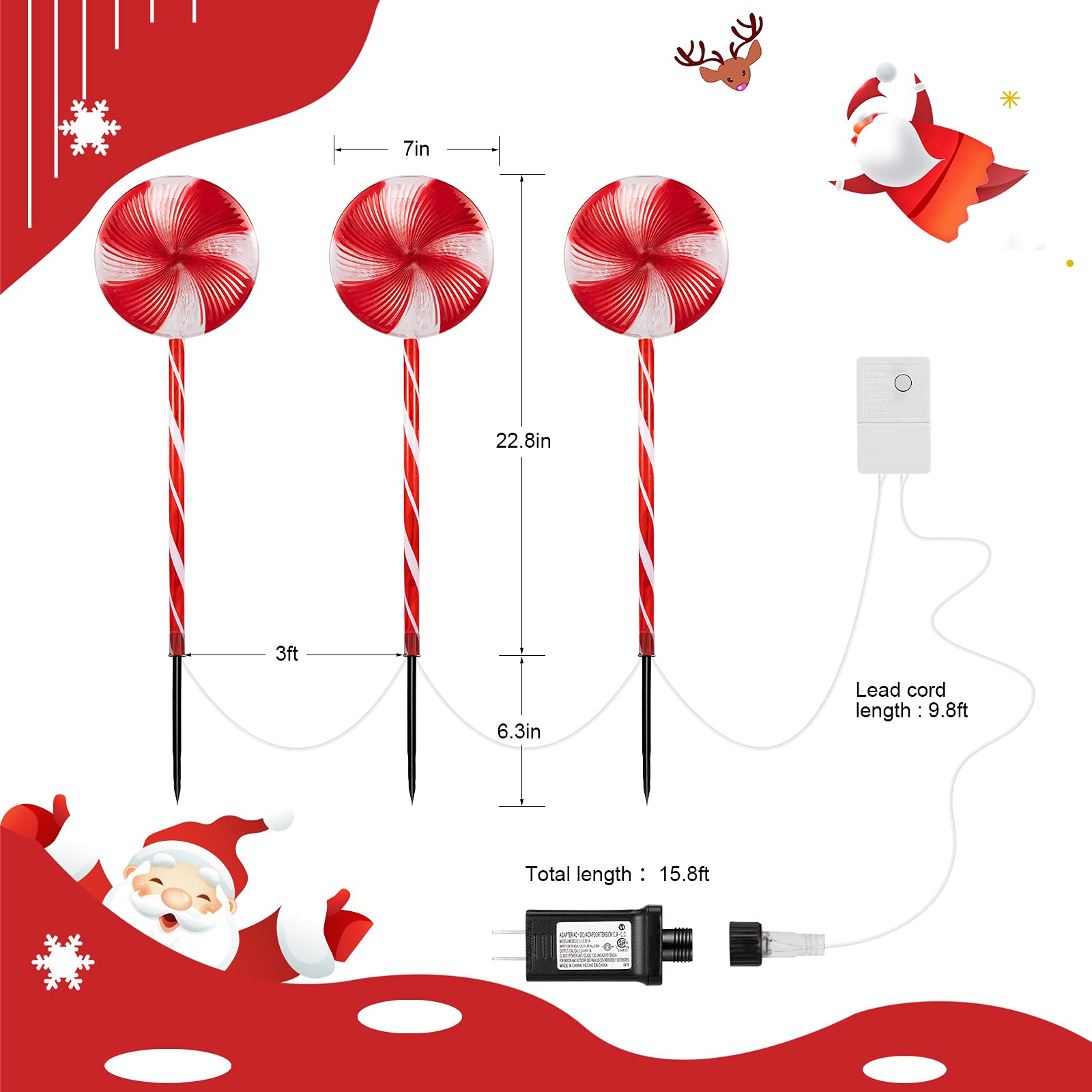 1 Pack / 15.8 Feet / 3 Lollipop Lights / 60 LED