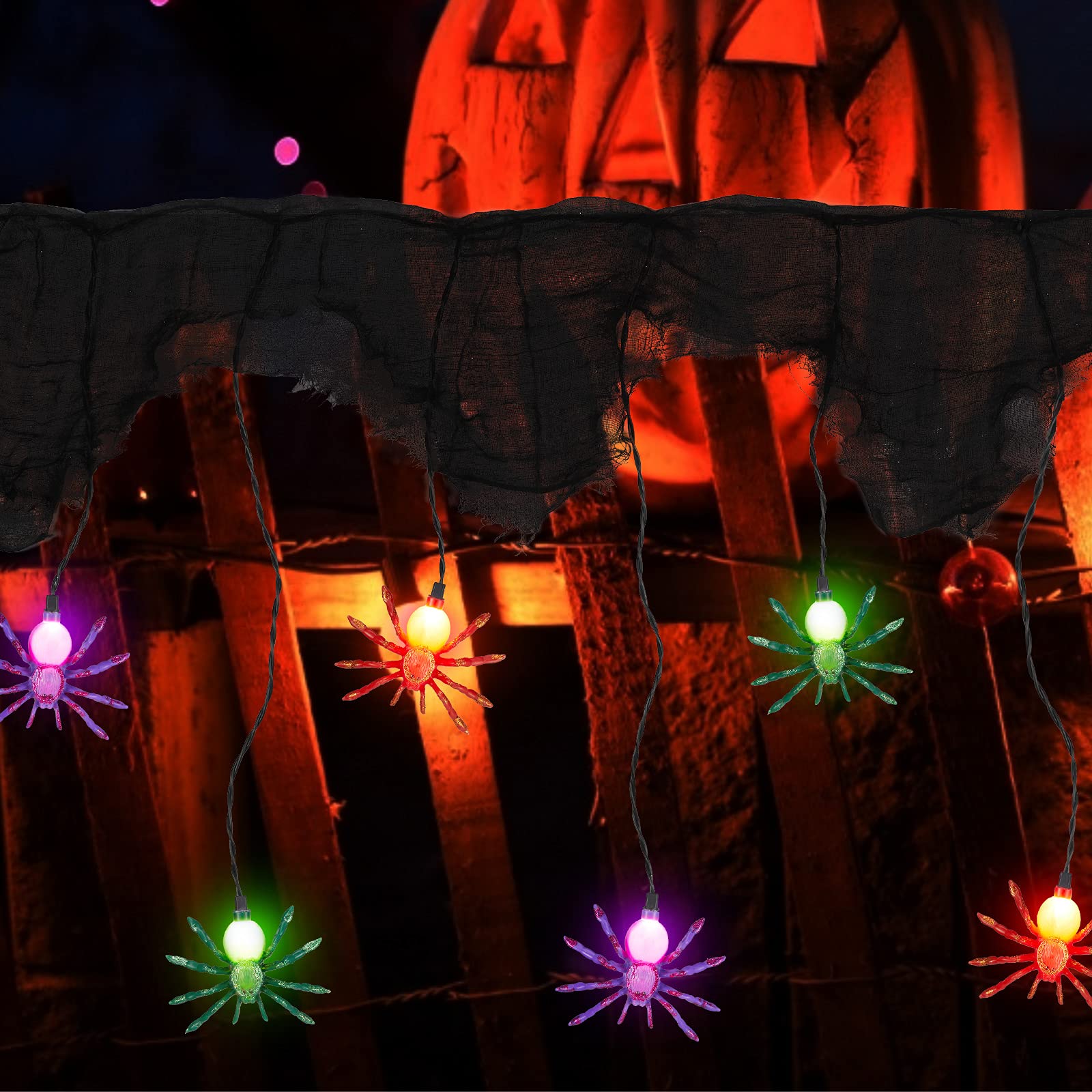 Halloween Spider String Lights with Black Mesh, Multicolor