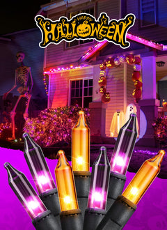 Mini Lights, Incandescent Bulbs on Black Wire, Orange & Purple