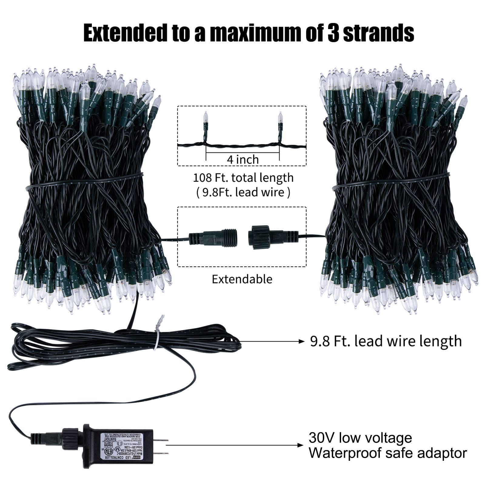 1 x 108 Feet / 300 LED / Warm White / Green Wire