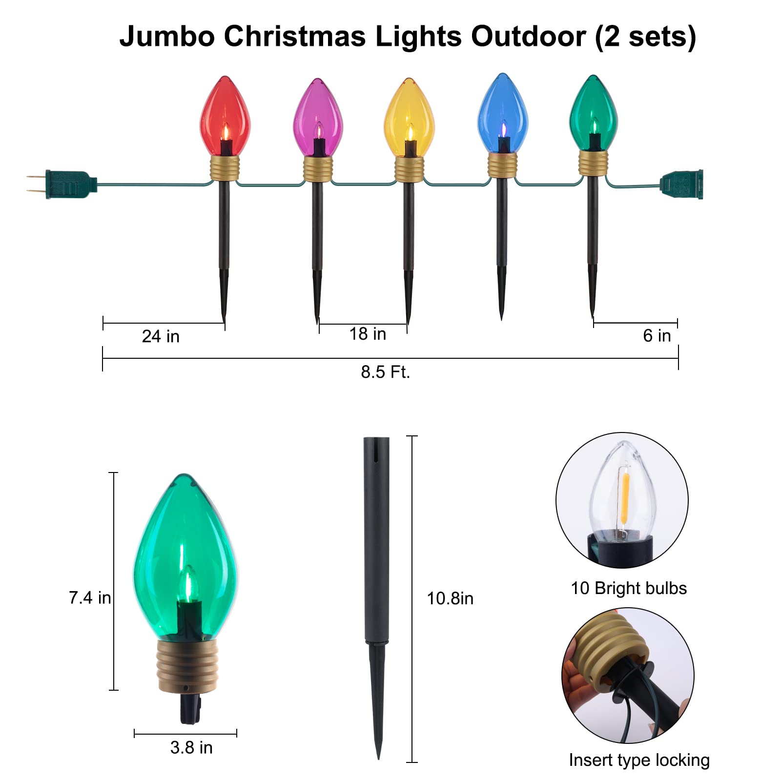 2 Pack / 8.5 Feet / 5 LED Bulbs / Multicolor