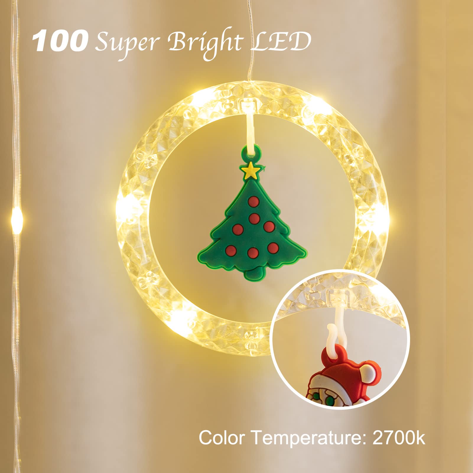 Christmas Curtain String Lights, Rings & Detachable Rubber Ornament