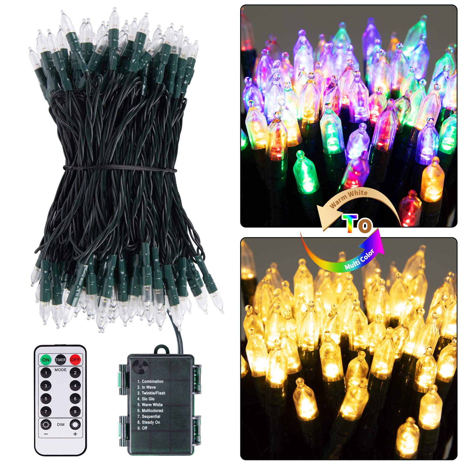 2 x 18 Feet / 50 LED / Warm White and Multicolor / Green Wire / Remote
