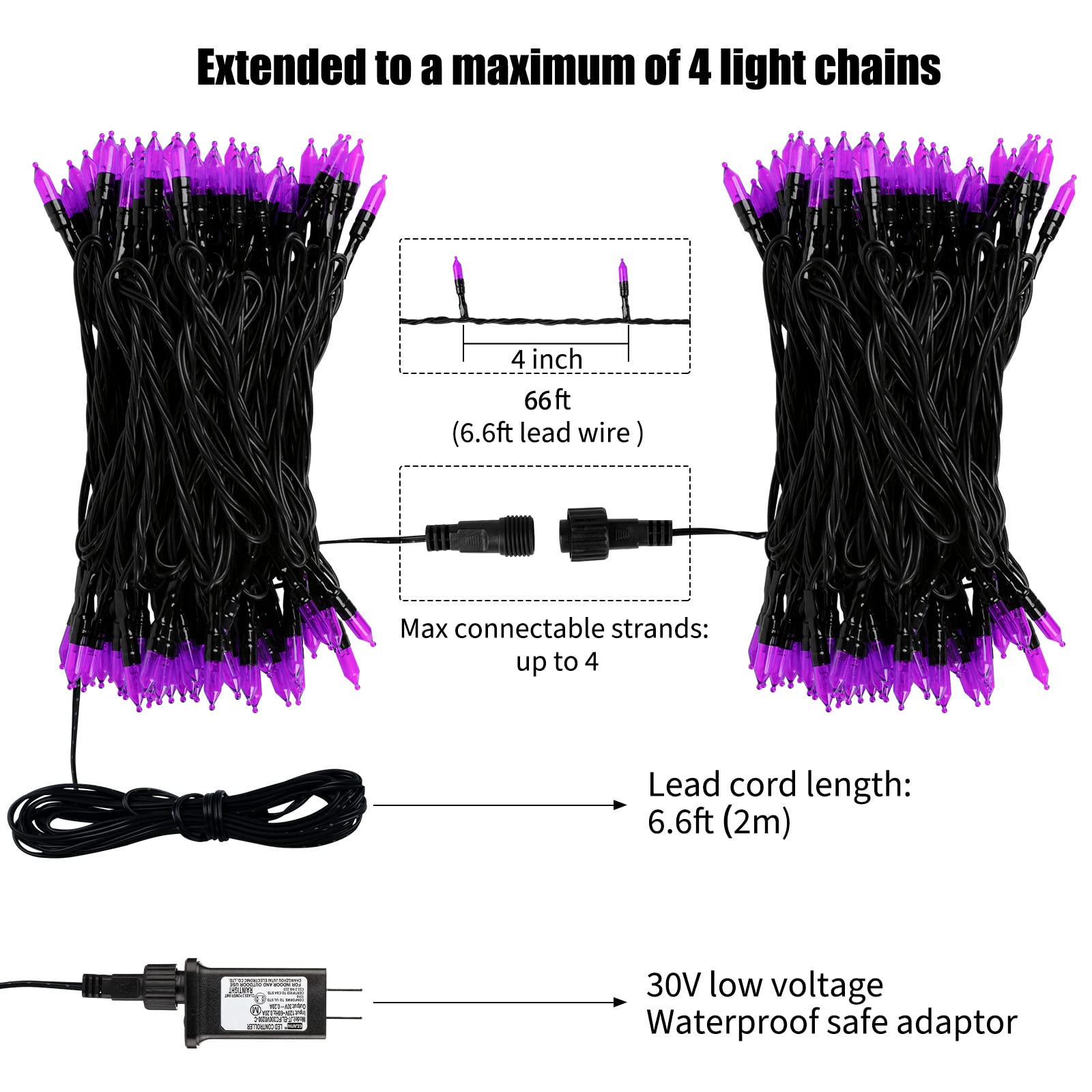 66 Feet / 200 LED / Purple / Black Wire