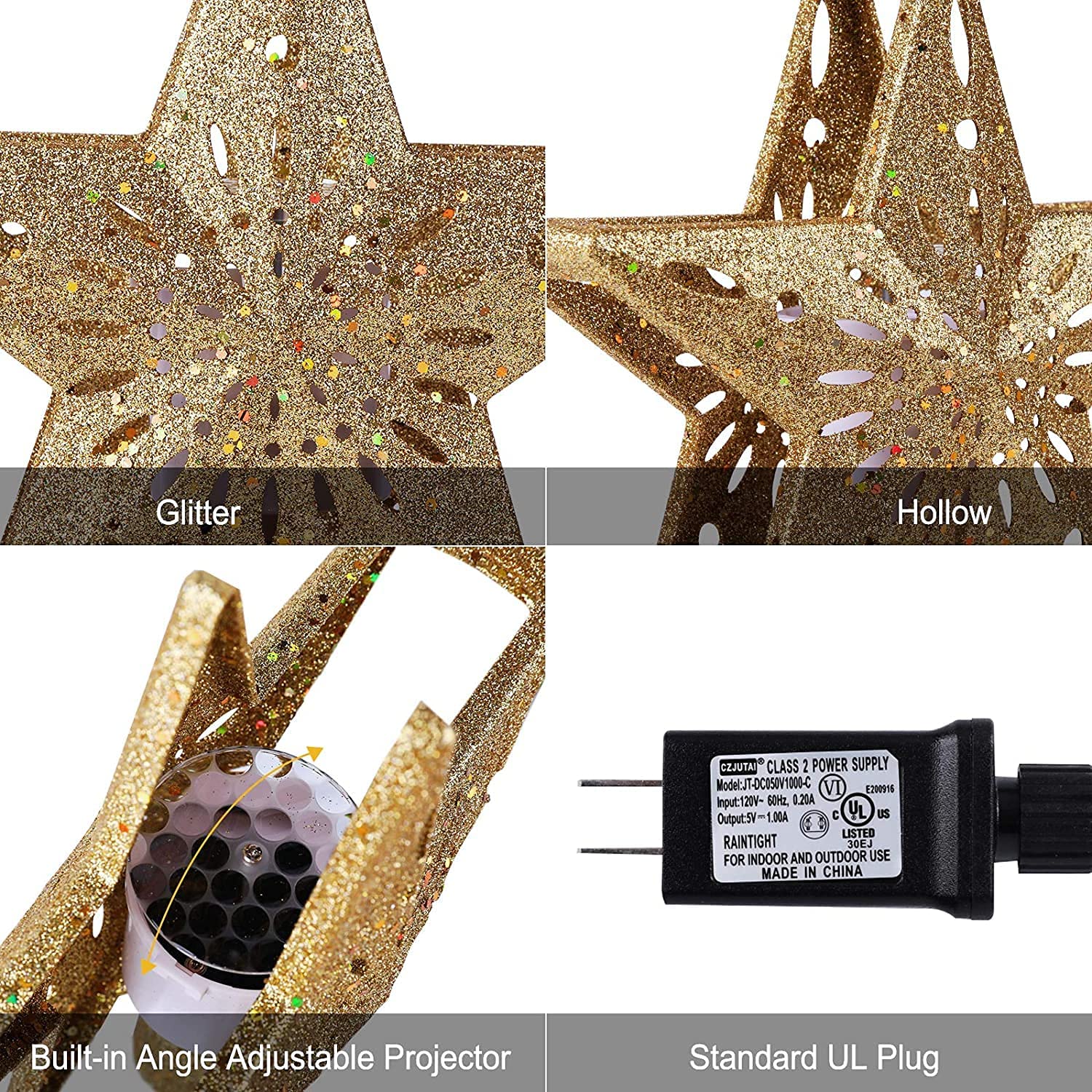 10 Inches / Golden Star Topper / Snowflake Projection