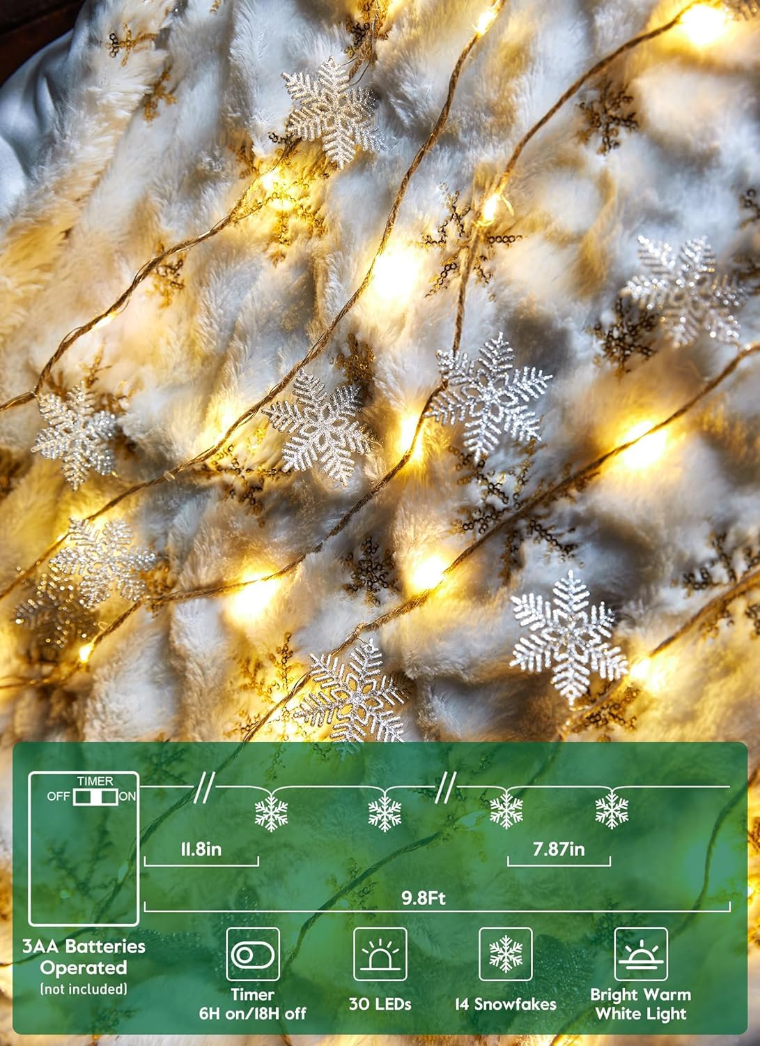Christmas Garland Snowflake Fairy Lights, AA Battery Operated