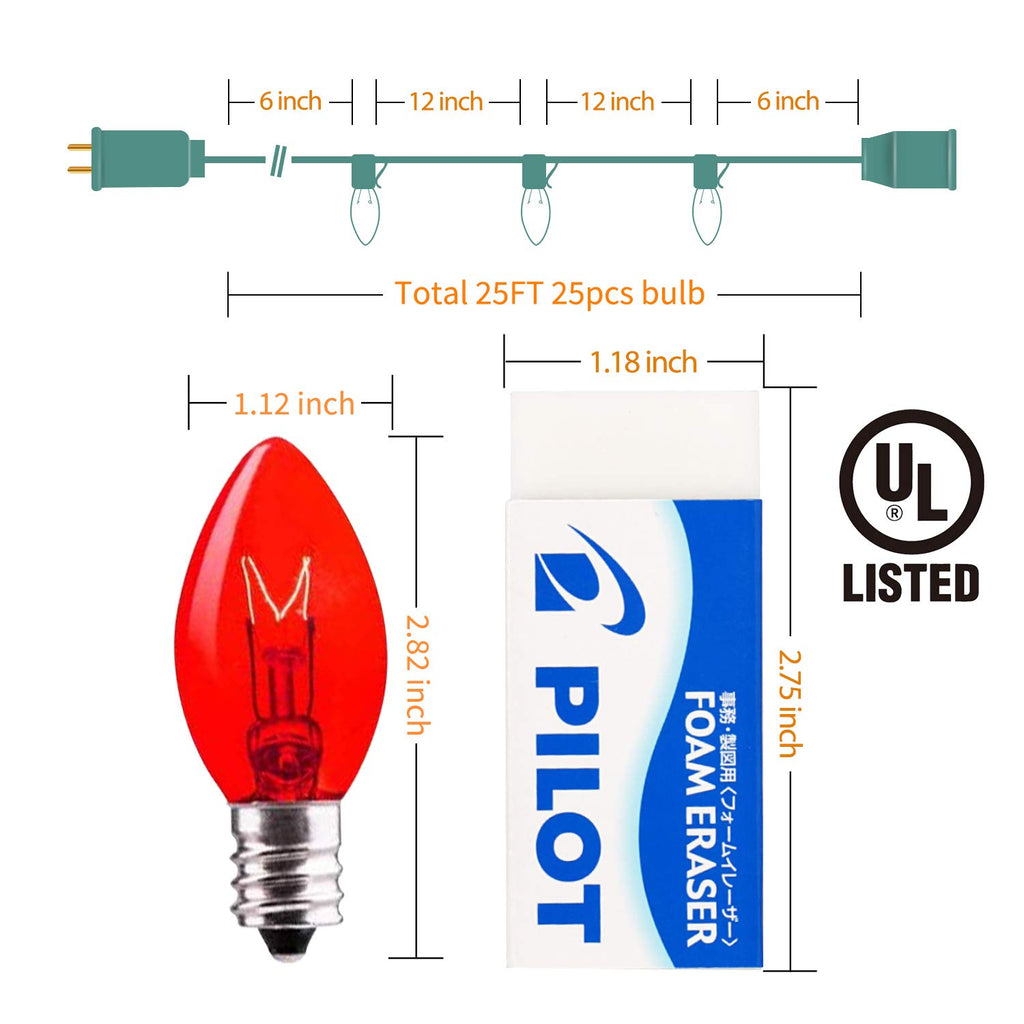 25 Feet / 25 Frosted Multicolor Bulbs / Green Wire
