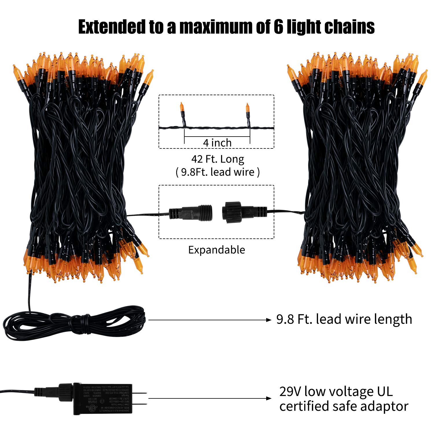 33 Feet / 100 LED / Orange / Black Wire
