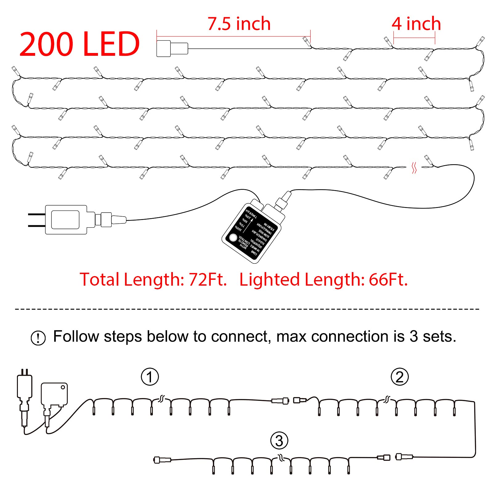 66 Feet / 200 LED / Pure White / Green Wire