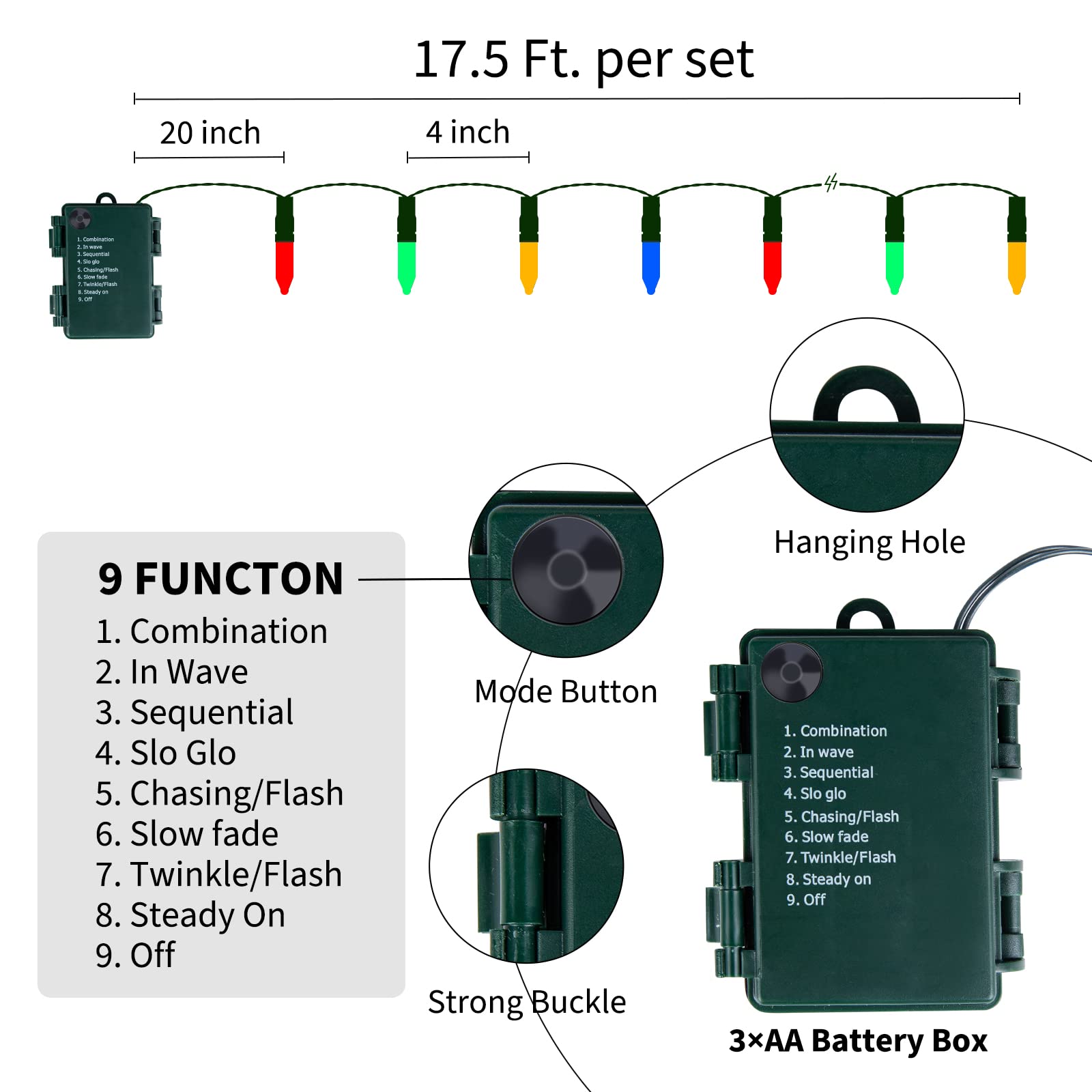 2 x 18 Feet / 50 LED / Multicolor / Green Wire