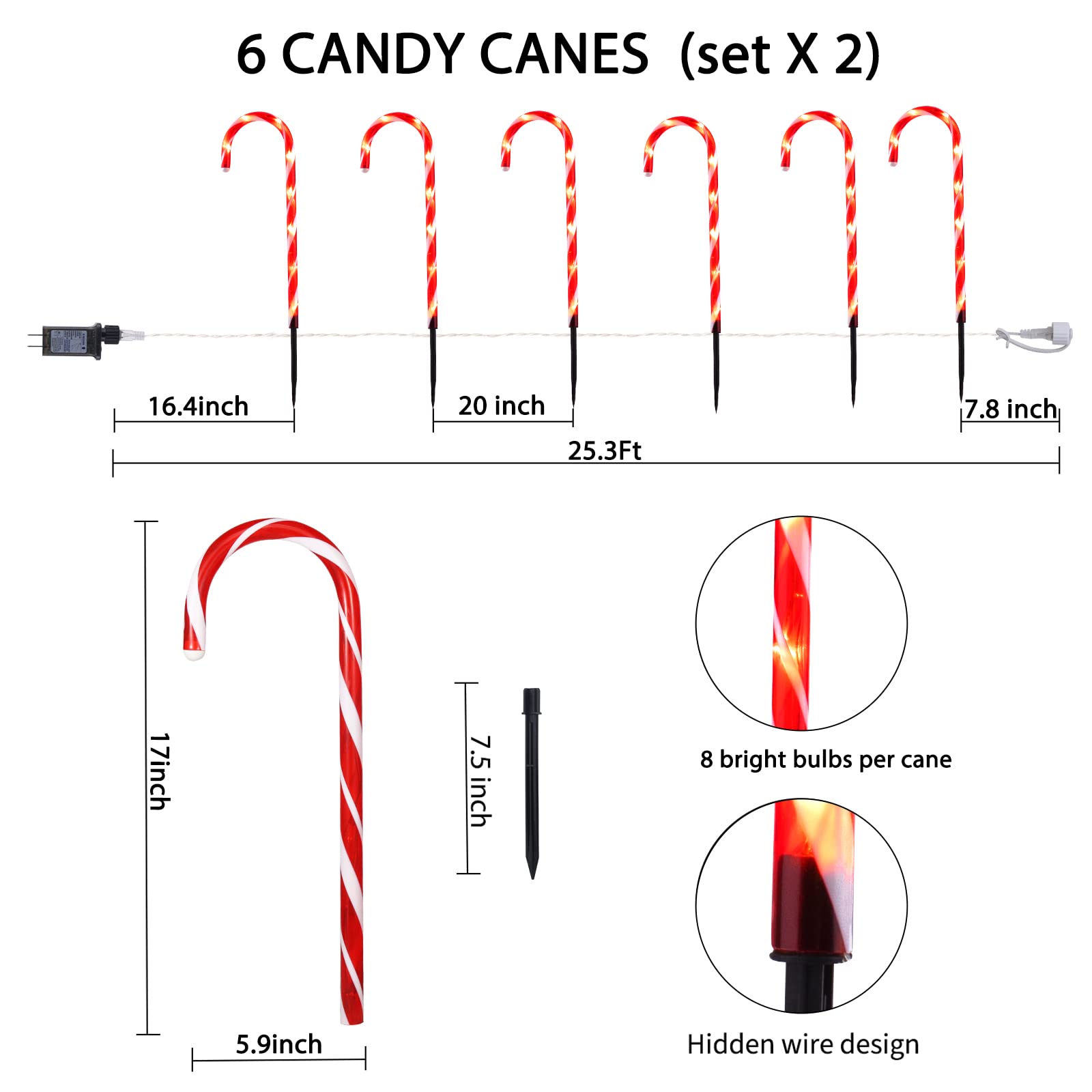 24.5 Inches / 12 Candy Canes / Warm White