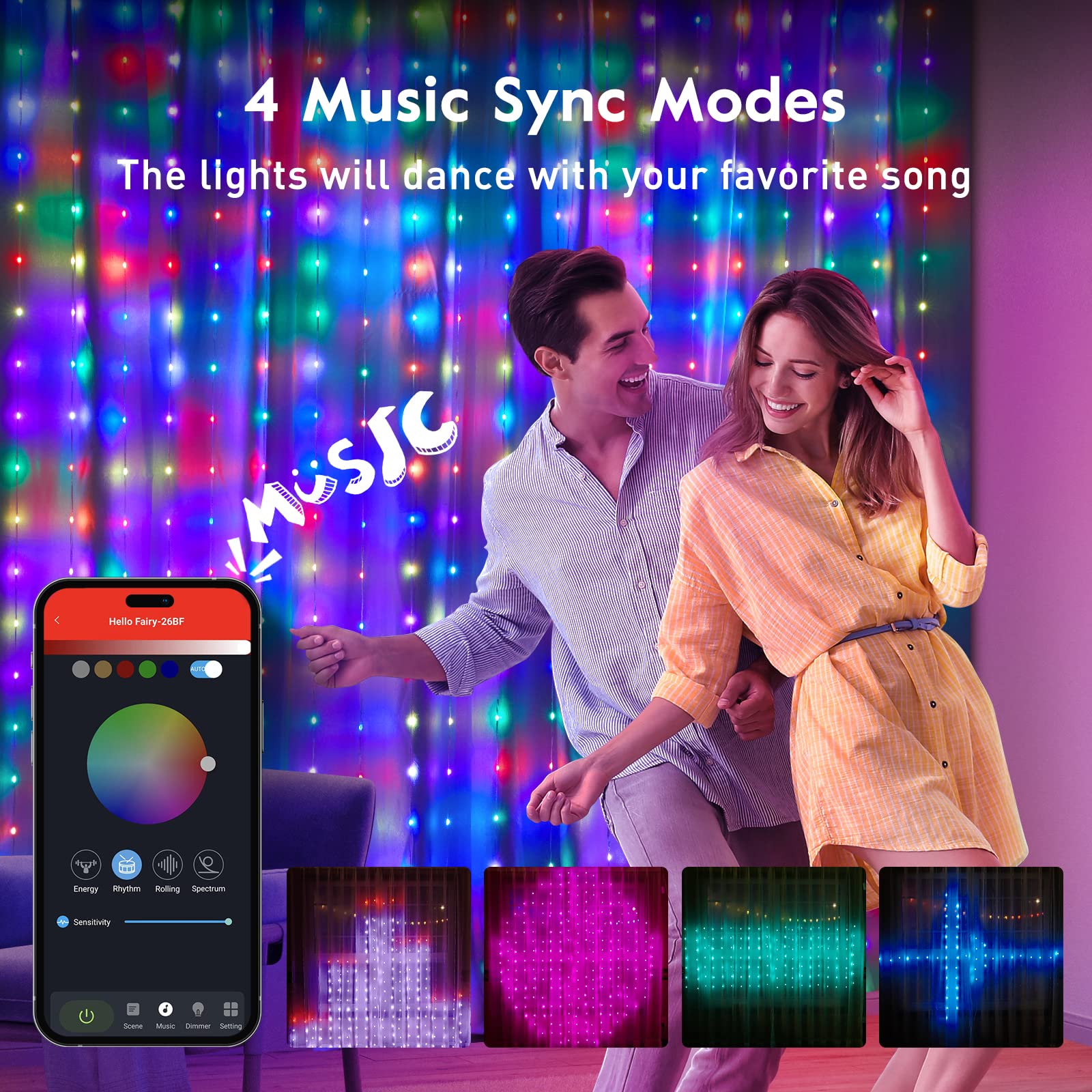 Christmas Smart Curtain Fairy Lights, Remote & Music Sync APP