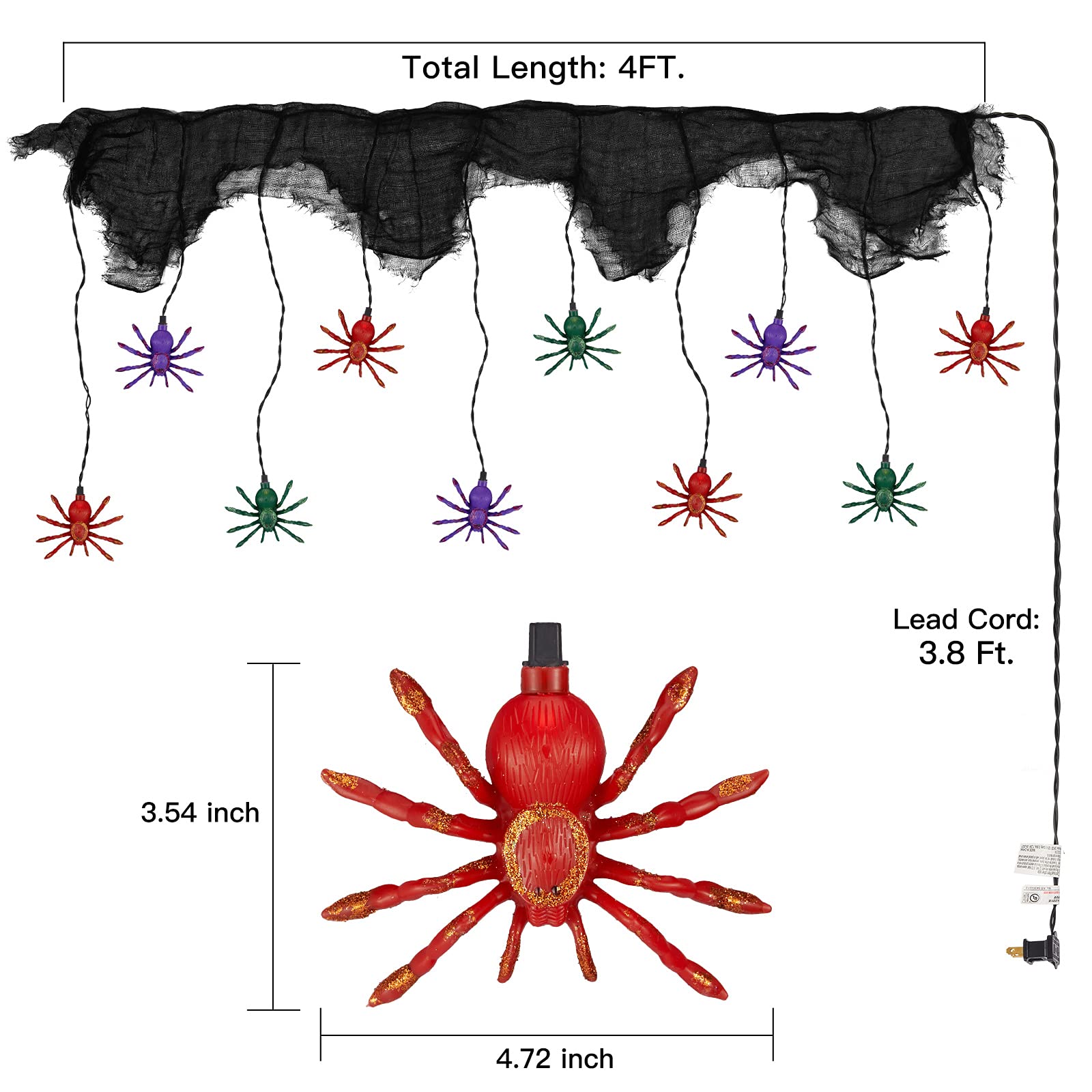 Halloween Spider String Lights with Black Mesh, Multicolor