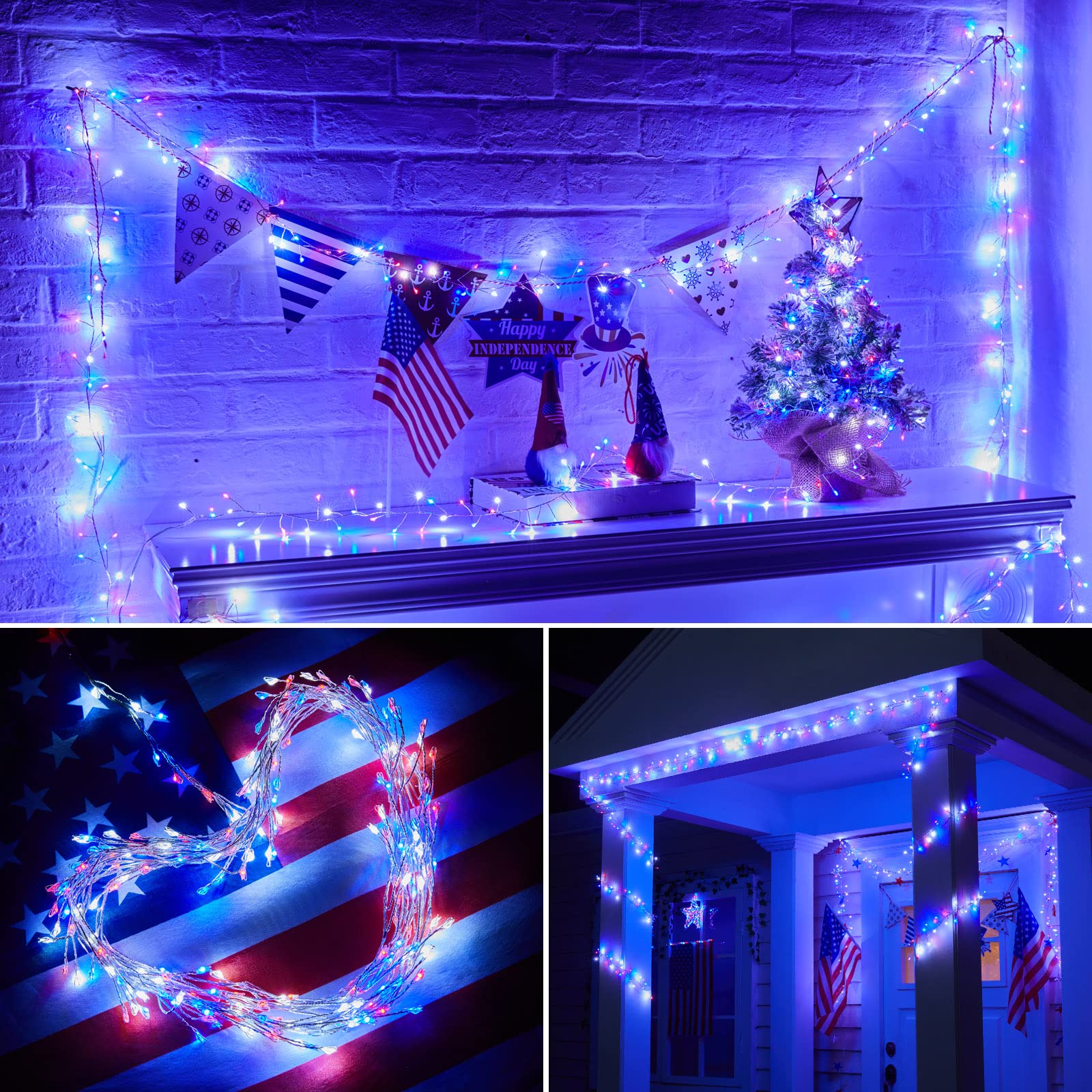 1 x 10 Feet / 200 LED / Red White Blue / Silver Wire