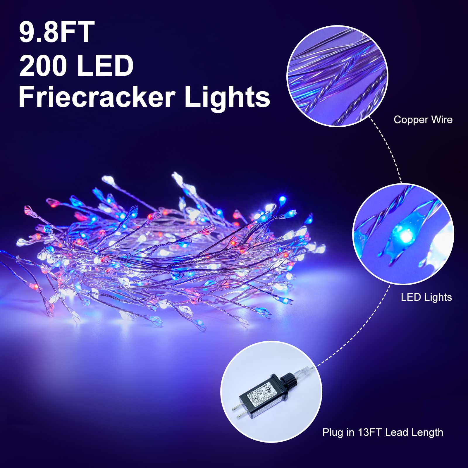 1 x 10 Feet / 200 LED / Red White Blue / Silver Wire