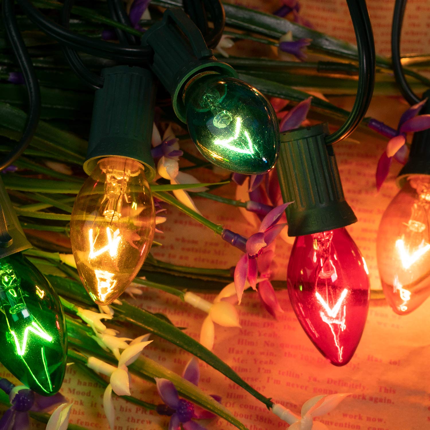 25 Feet / 25 Frosted Multicolor Bulbs / Green Wire