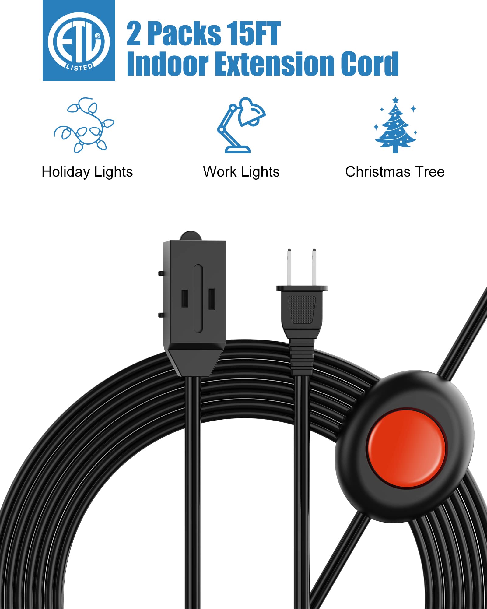 Outdoor Extension Cord with 3 Outlet 2 Prong Power Cord