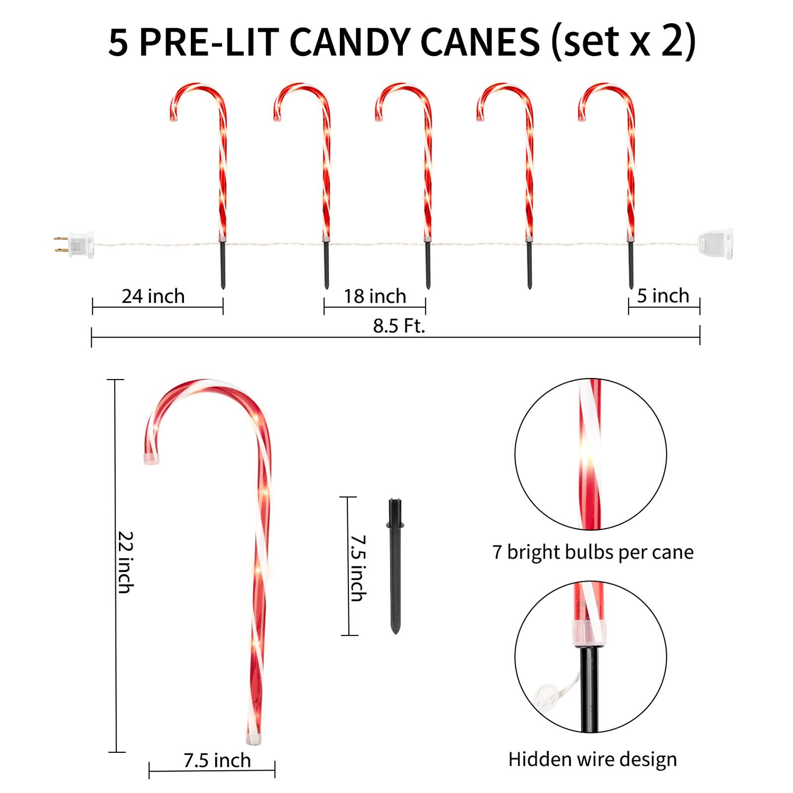 28 Inches / 10 Candy Canes / Warm White / Electric Plug