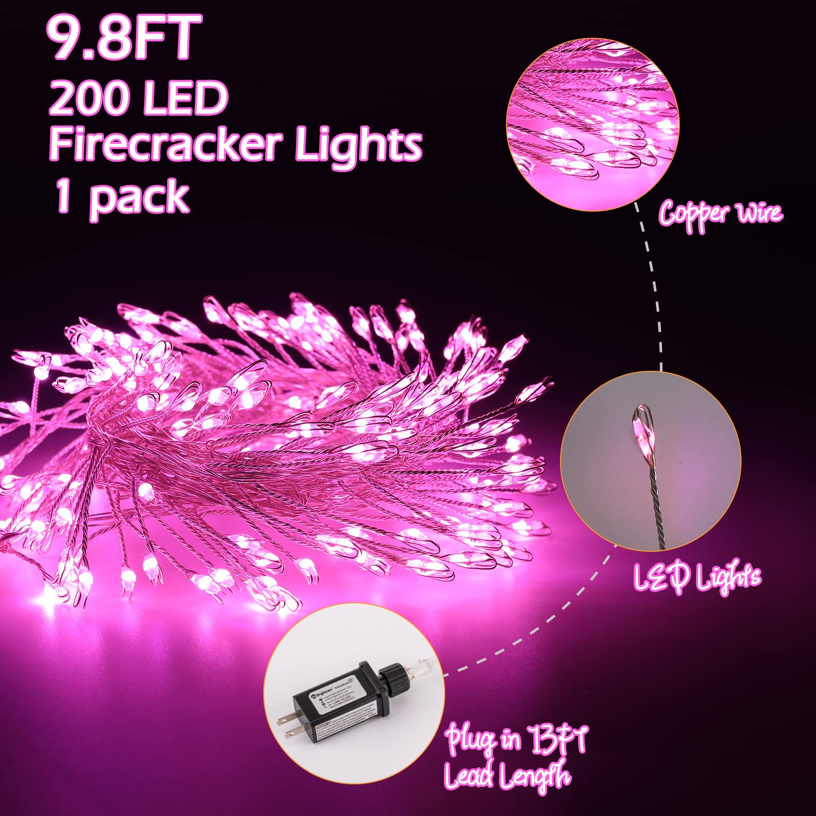 1 x 10 Feet / 200 LED / Pink / Silver Wire