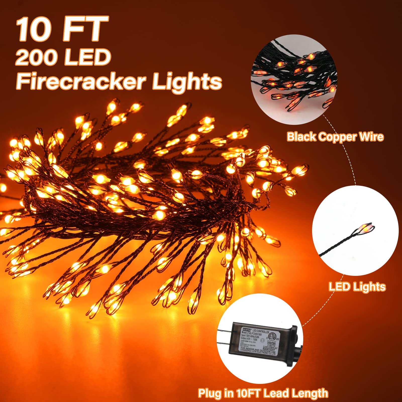 1 x 10 Feet / 200 LED / Orange / Black Wire