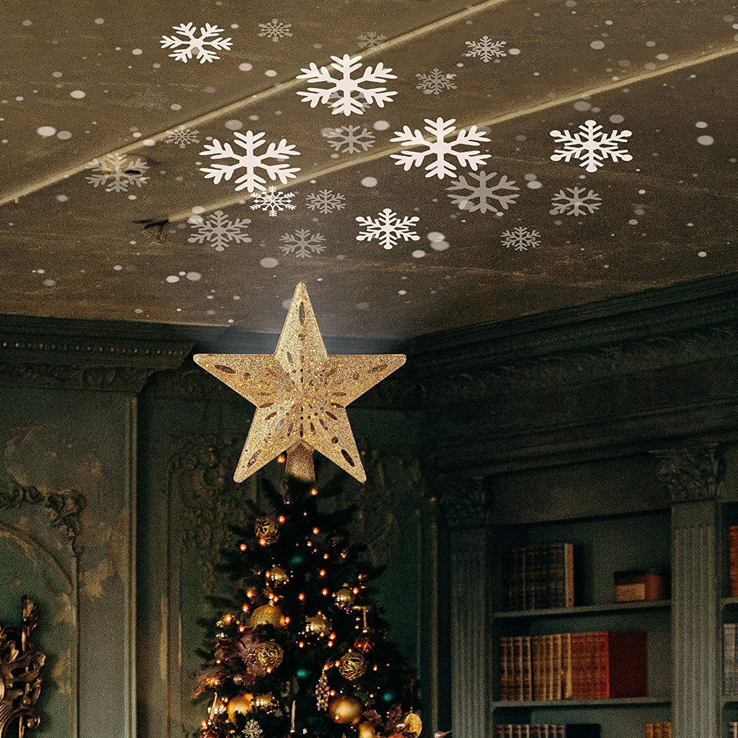 Christmas Star Tree Topper with Built-in LED Snowflake Projector Lights