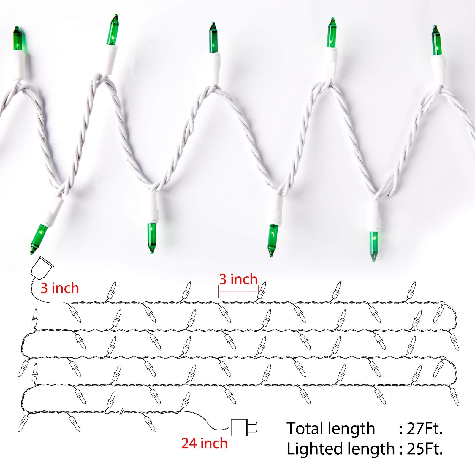 1 x 25 Feet / 100 Bulbs / Green / White Wire