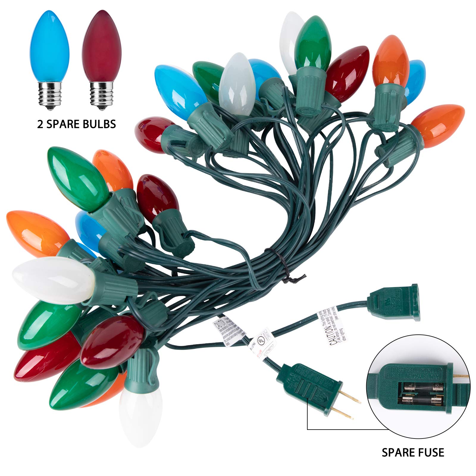 25 Feet / 25 Opaque Multicolor Bulbs / Green Wire