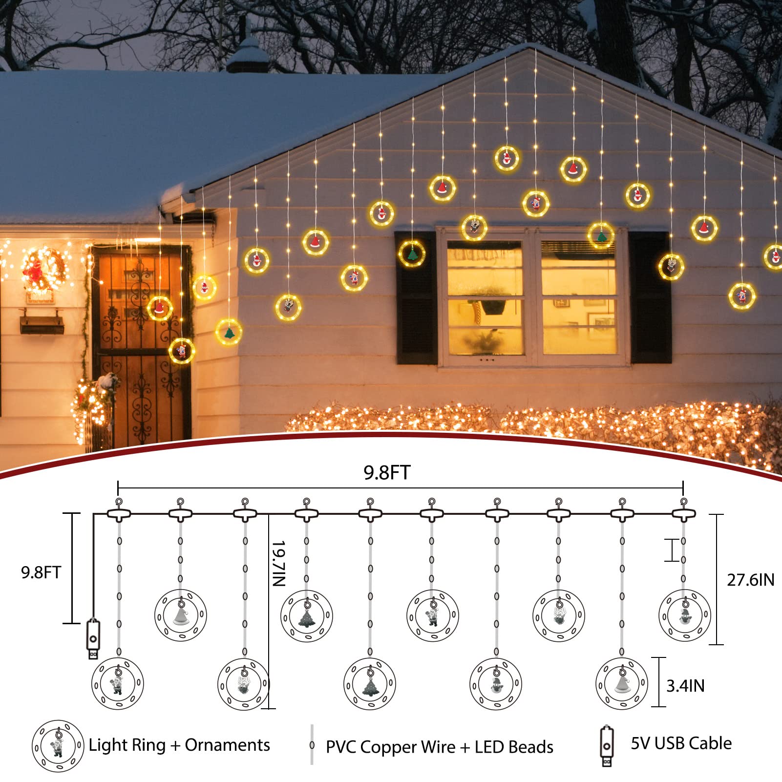 Christmas Curtain String Lights, Rings & Detachable Rubber Ornament