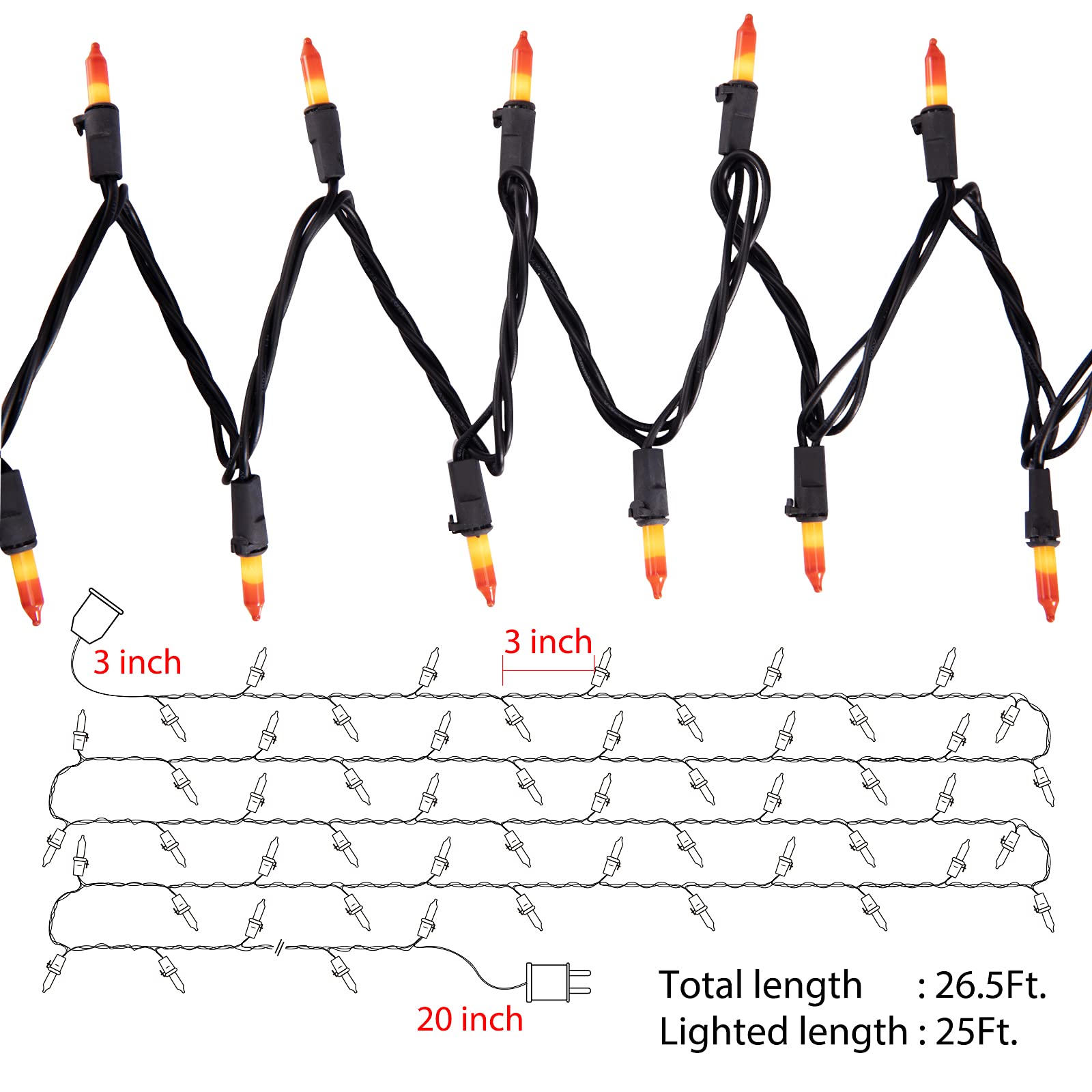 1 x 25 Feet / 100 Bulbs / Orange and Yellow