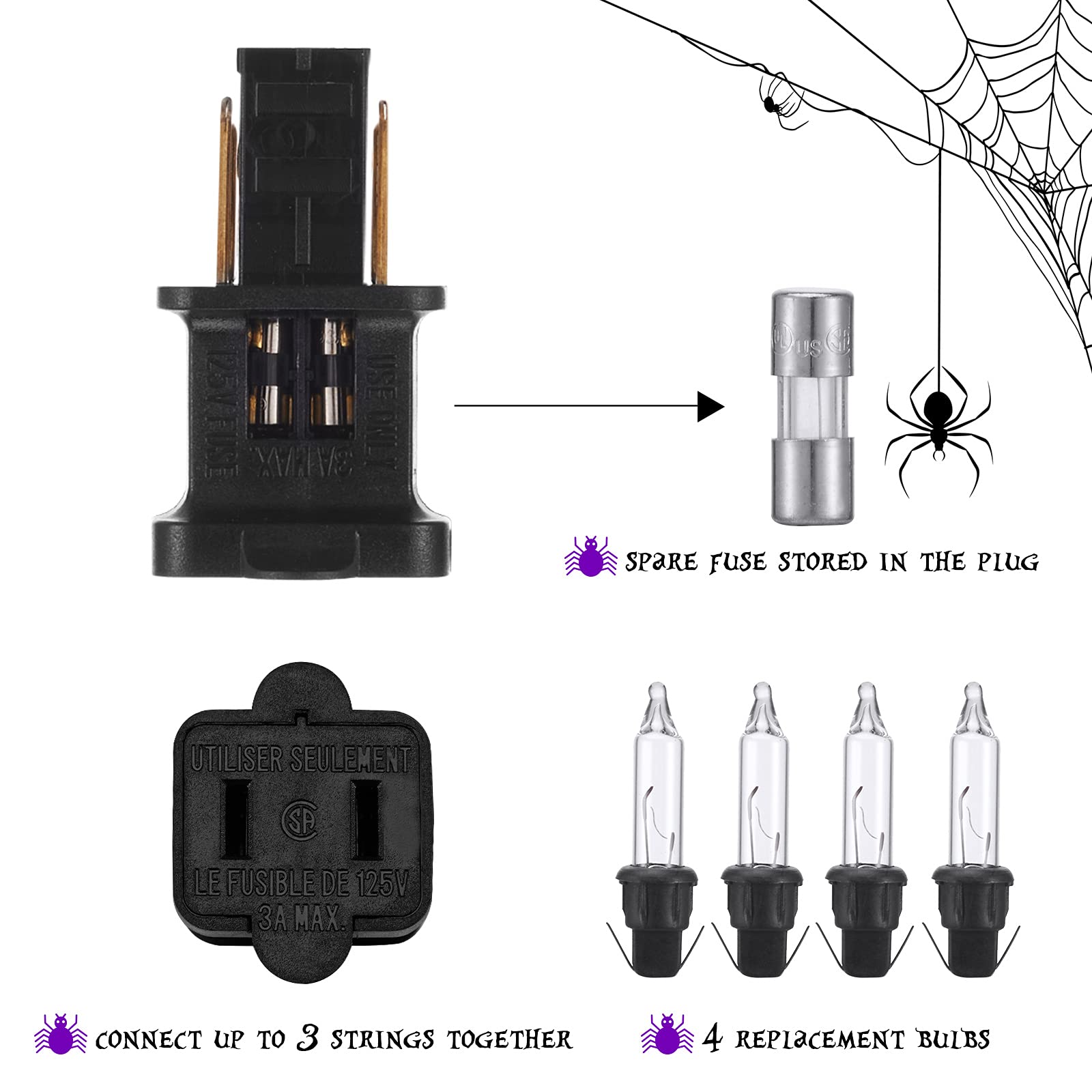 Halloween Spider String Lights with Black Mesh, Multicolor
