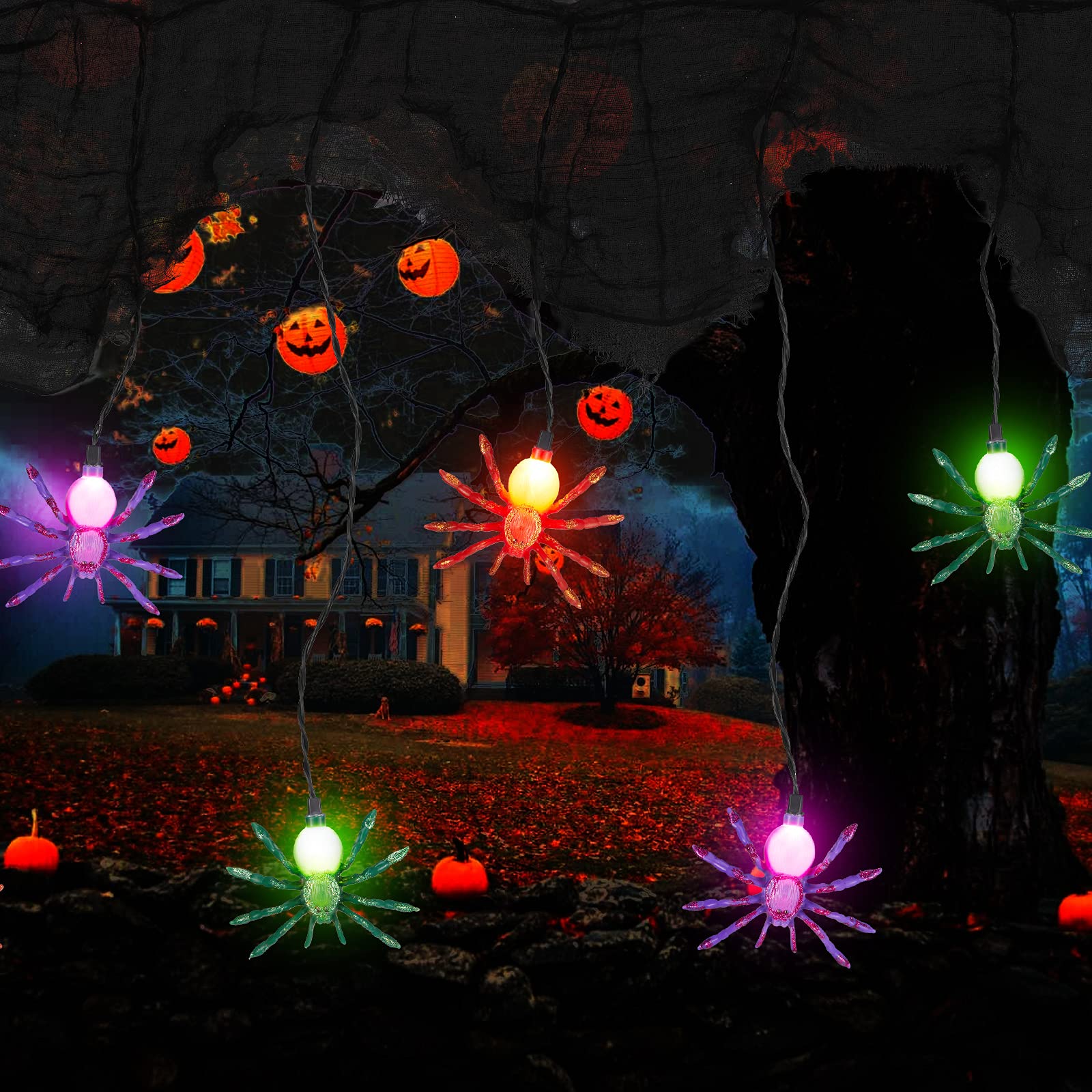 Halloween Spider String Lights with Black Mesh, Multicolor