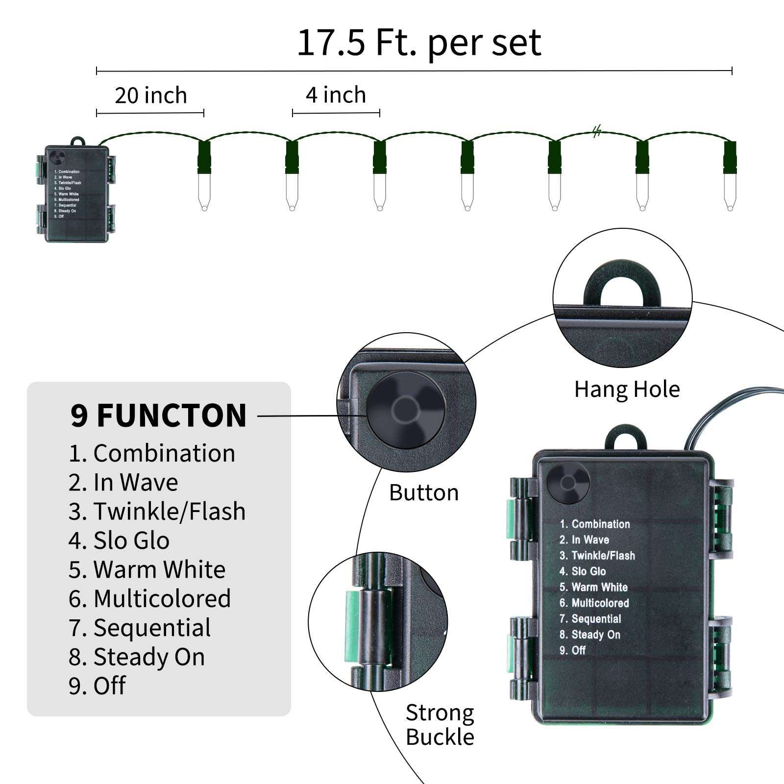 2 x 18 Feet / 50 LED / Warm White and Multicolor / Green Wire / Remote